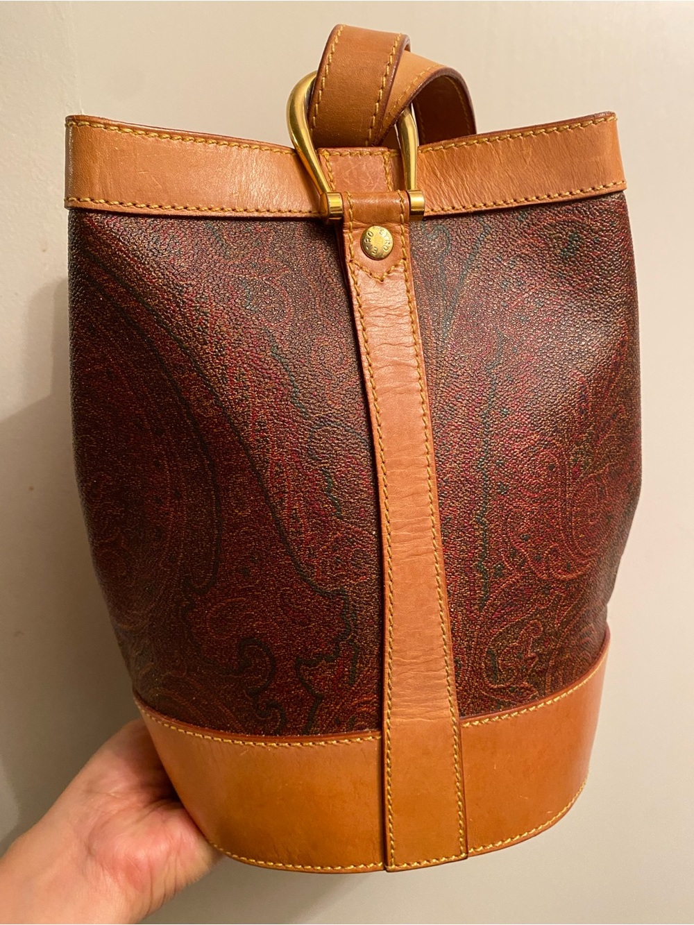 Authentic Etro Paisley Bucket Shoulder Bag in Brown and Tan